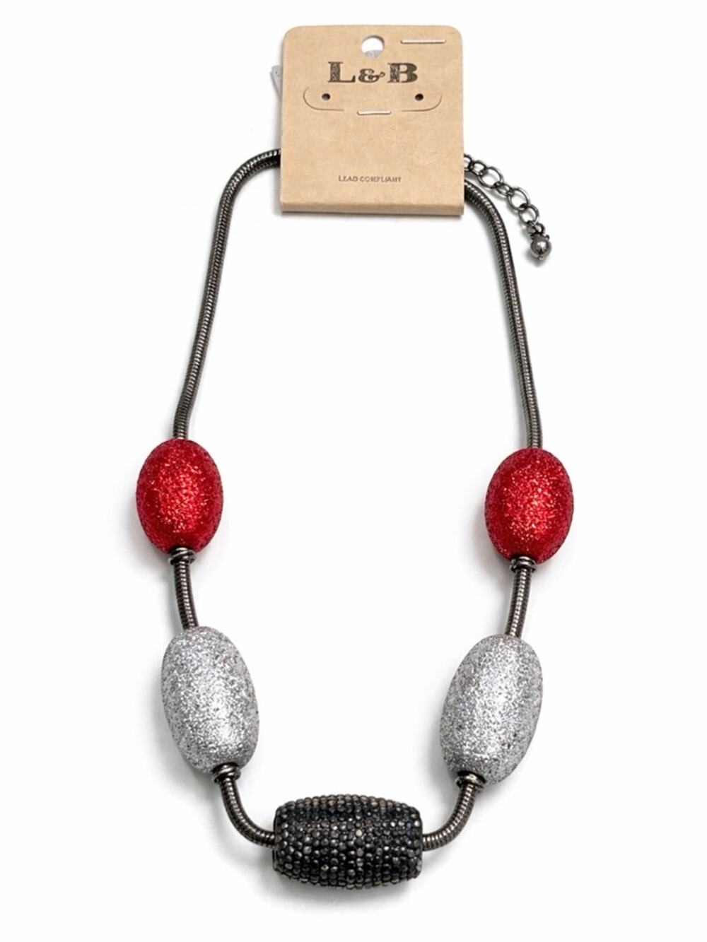 L&B Red & Silver Glitter Bead Statement Necklace